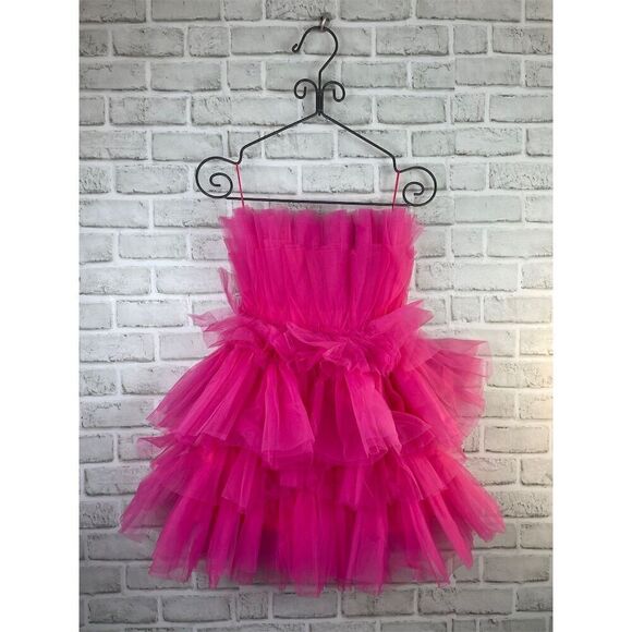 VICI Women's Hot Pink Strapless Tiered Tulle Mini Dress Size Small Barbie Core - Picture 11 of 12